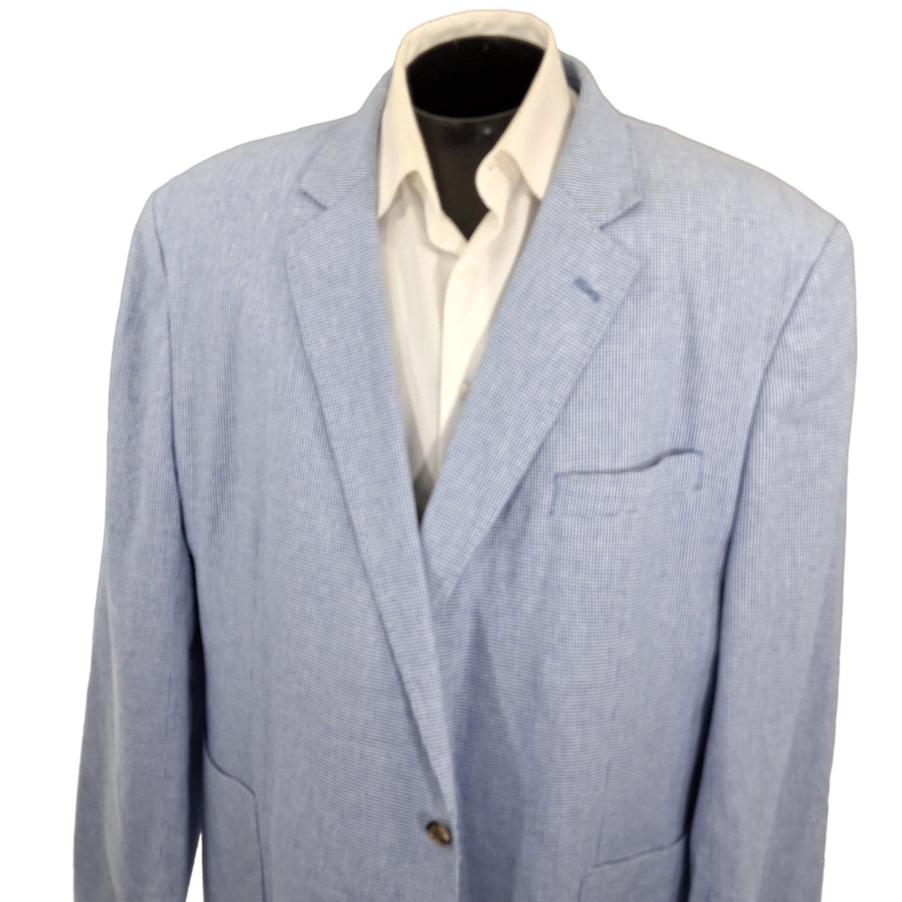 Stafford Sport Coat 54R Blue Classic Fit Linen Cotton Houndstooth Double Vent